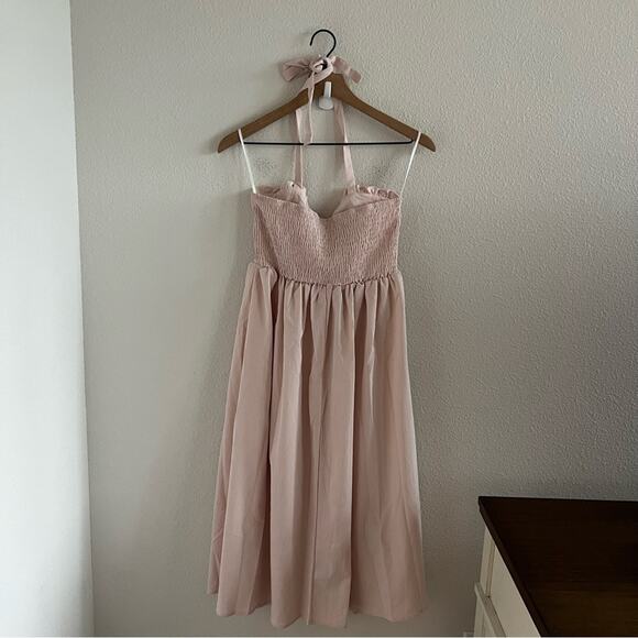 NWT Shein Mod Light Pink Pinafore Pin Up Dress Halter Tie Back Smocking Midi L - Picture 3 of 7